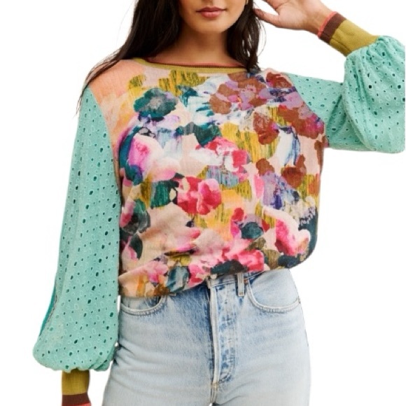 Anthropologie Bl^nk Contrast Eyelet Puff Sleeve Pullover Top in Turquoise - S - Picture 3 of 16